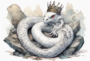 a white bird-serpent hybrid, wearing a pewter crown on its head, resting on a large stone tattoo idea