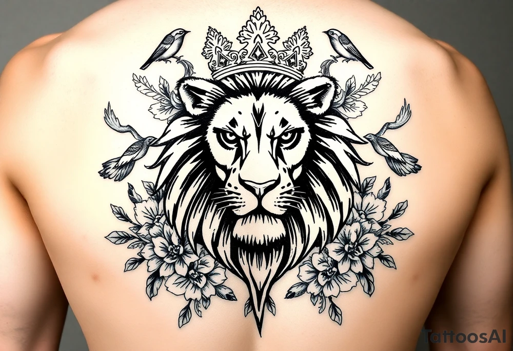 powerful majestic lion with a crown, surrounded by floral ornaments and birds tattoo idea