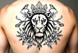 powerful majestic lion with a crown, surrounded by floral ornaments and birds tattoo idea