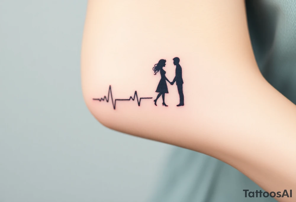 Heartbeat line with a tiny silhouette of a couple holding hands, surrounded by soft pink and lavender tones, symbolizing love and unity. tattoo idea