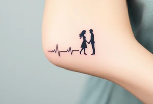Heartbeat line with a tiny silhouette of a couple holding hands, surrounded by soft pink and lavender tones, symbolizing love and unity. tattoo idea