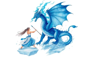 Woman throwing a spear at a blue fire breathing dragon with wings spread and flying over ice tattoo idea