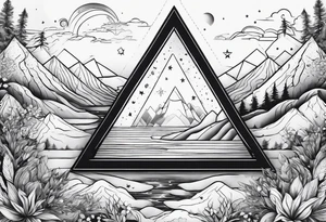 line art of space and nature in triangle tattoo idea