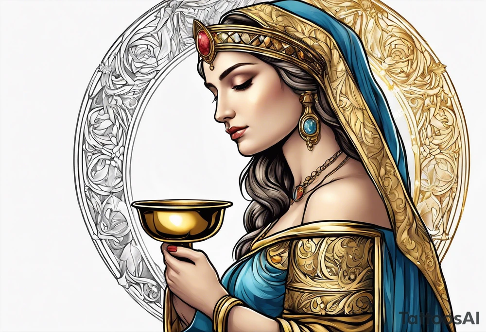 holy saint woman turned away with golden halo holding a chalice tattoo idea