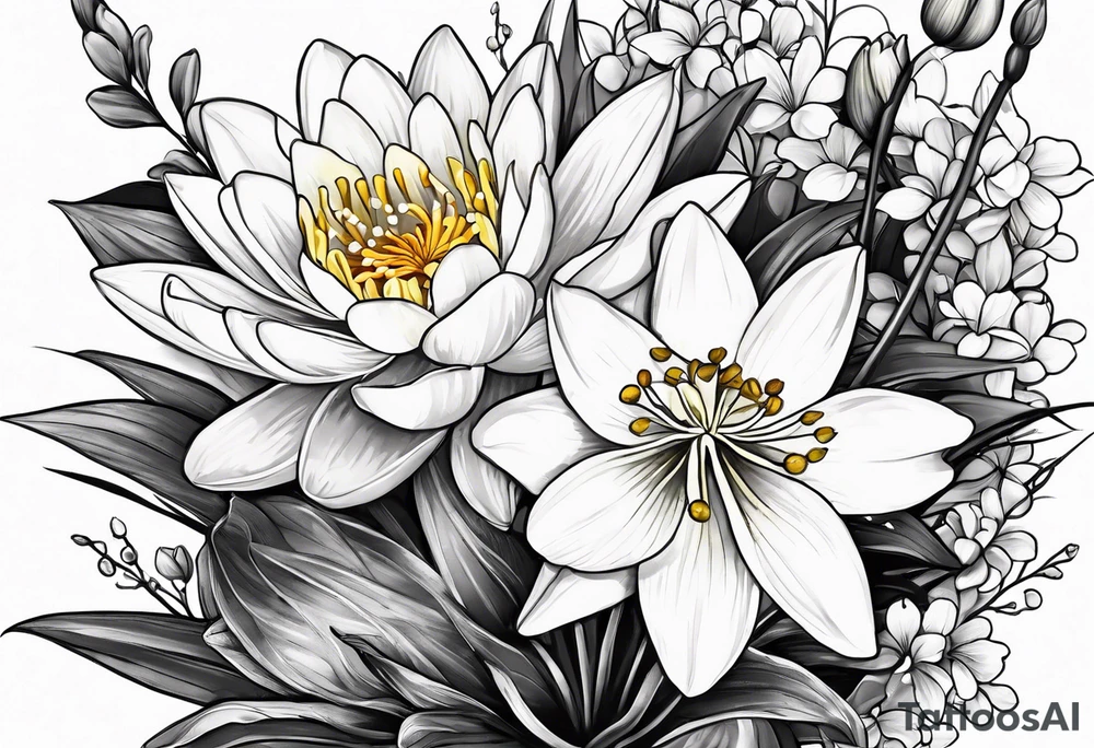 Water Lily, Lily of the Valley, Narcissus, and Gladiolus flower bouquet tattoo idea