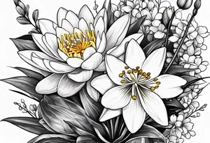 Water Lily, Lily of the Valley, Narcissus, and Gladiolus flower bouquet tattoo idea