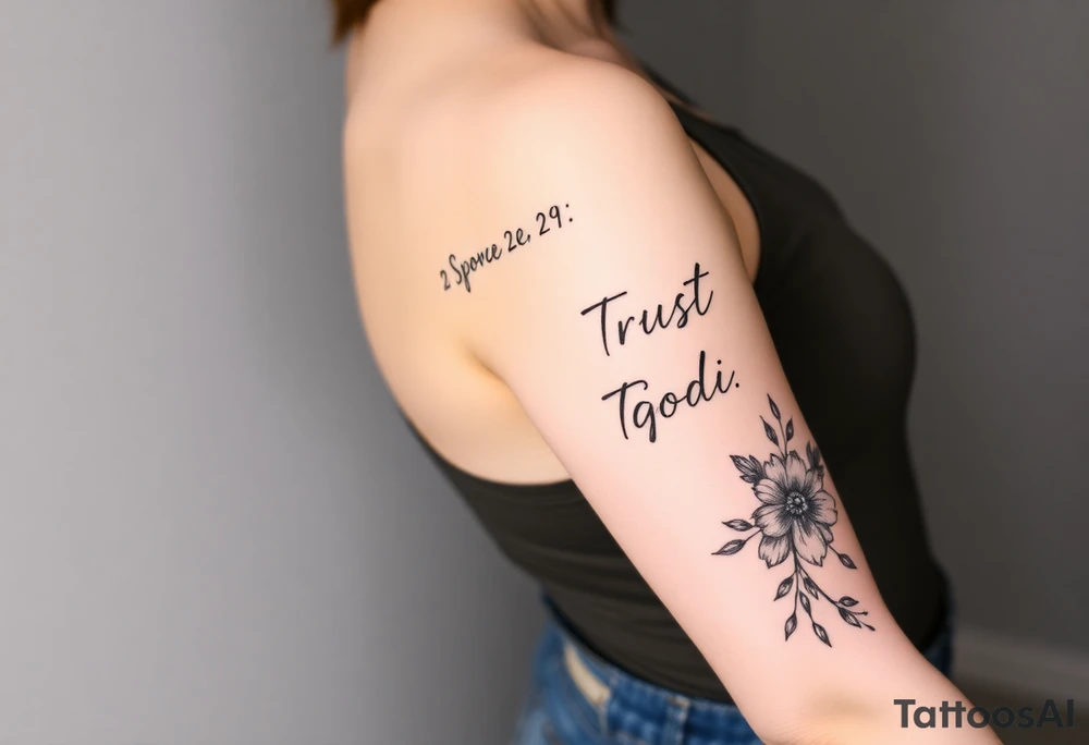 🌿


They are all connected 
 Right Arm Sleeve
	•	Top shoulder: “Soft but strong, kind but powerful.”
→ Wrapped with light olive vines
	•	Mid-arm: Peonies, lilies, tulips (your favorites)
→ Optional red ink in petal accents
	•	Lower arm/wrist: Vine wrap
→ Script: “Trust God”
	•	Style: Light, flowing, fine-line — NOT bold or filled-in

⸻

🌸 Spine Tattoo & Flow
	•	Already present floral spine tattoo
	•	New elements will connect from your sleeve, flow down from the right shoulder, lightly wrapping into your back
	•	Inspired by the reference with floral script diagonally across the spine
	•	Optional soft red ink details to enhance movement

⸻

🍑 Left Thigh + Butt
	•	Quote: “A garden of her own”
→ Placed on side of butt, flowing from lower back
	•	Floral extension down the thigh — tulips/peonies
	•	Minimal, romantic, fine-line

⸻ tattoo idea