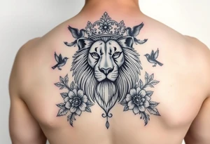 powerful majestic lion with a crown, surrounded by floral ornaments and birds tattoo idea