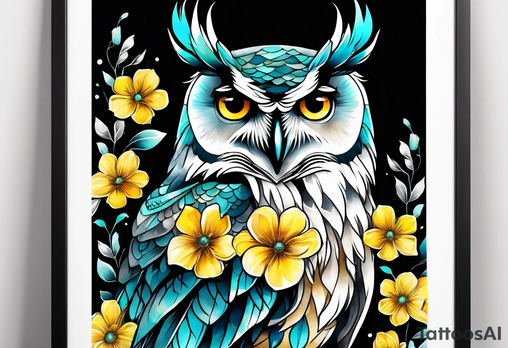 Owl surrounded by yellow and aqua flowers tattoo idea