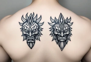 Two tribal masks, one fierce (ego) and one peaceful (soul), African tattoo style, symmetrical, bold linework tattoo idea