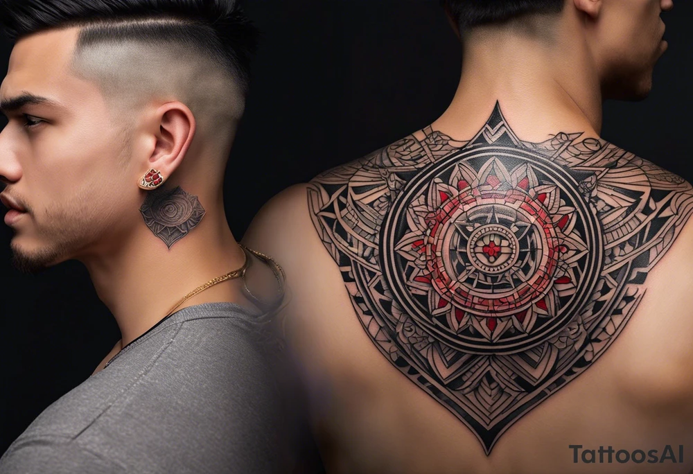 Visualize an (((extremely detailed and advanced tattoo design))), where the name 'LA' stands out in a (((distinctively shaped neck))), adorned with intricate ((colored red and black) lining that creates a (((subtle yet striking visual contrast))) against the (softly glowing, matte skin) for men tattoo idea