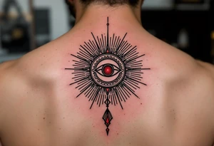 A minimalist Kolovrat symbol in deep crimson ink, centered between the eyebrows like a spiritual third eye, with thin black ornamental lines radiating outward across the forehead like sunbeams. tattoo idea