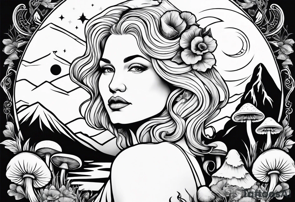 Older blonde fat woman no makeup surrounded by mushrooms mountains crescent moon background tattoo idea