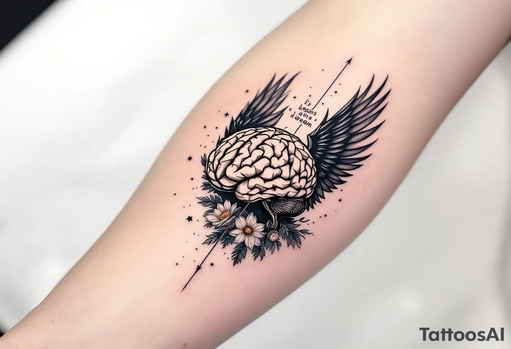 Tattoo inspired in the gifted brain in geometric and straight lines, with few watercolor details but mostly black, symbols representing intelligence, creativity and dreaming flying arround, the phrase "It begins with a dream", and raven wings behind tattoo idea
