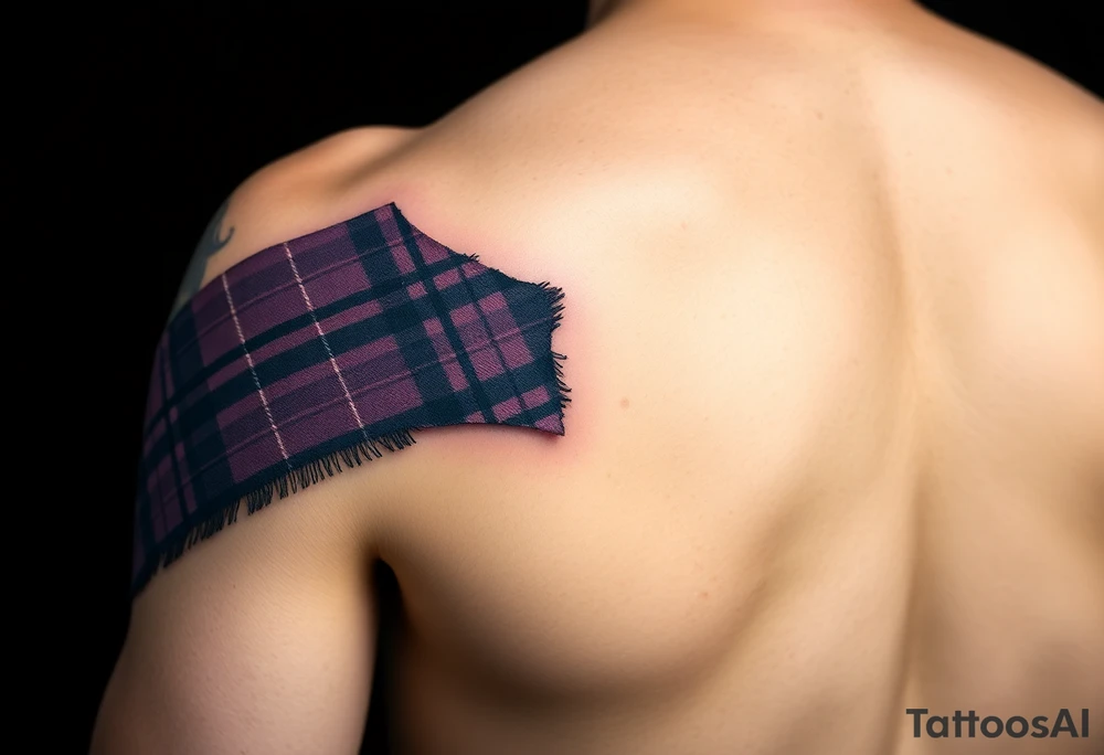 Dark Purple tartan fabric on bicep with skin ripping back to reveal tartan underneath tattoo idea