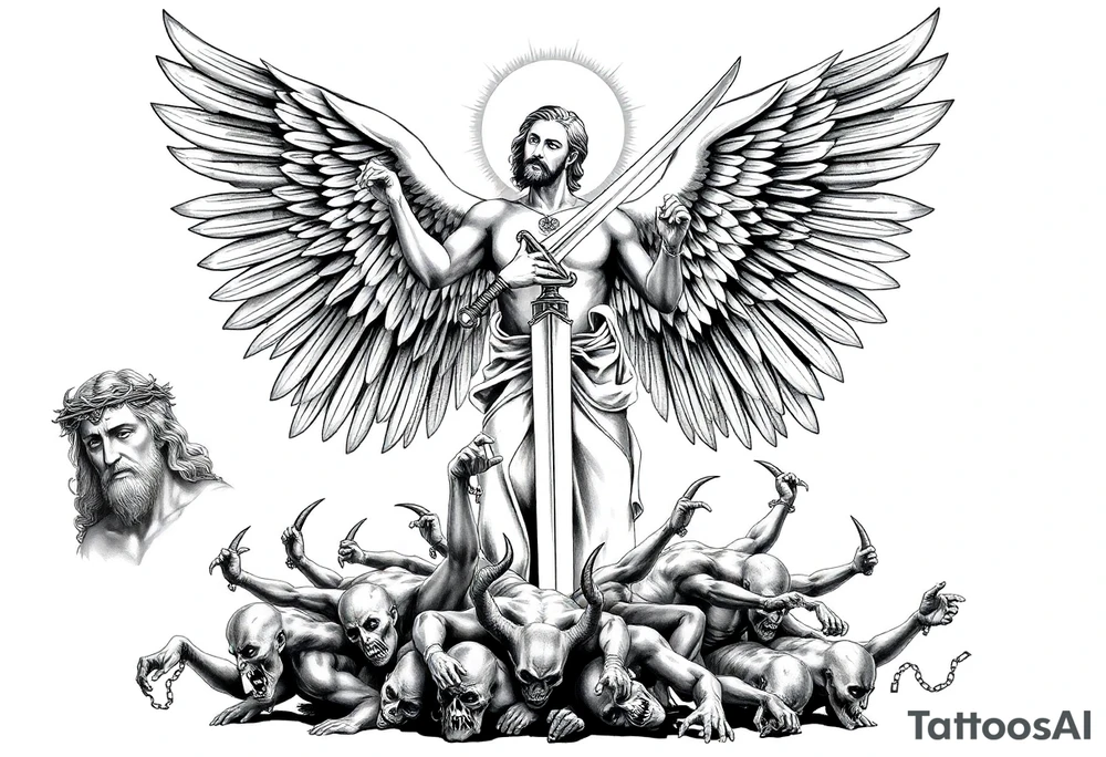 The tattoo is a black and gray, highly detailed, full-back design in a classical artistic style, depicting a powerful Archangel Michael as the central figure. He stands in a dominant stance, wielding a long, intricately designed sword, symbolizing divine justice. His large, majestic wings extend outward, detailed with fine feather textures, creating a sense of movement and grandeur. A radiant halo or divine light emanates from behind his head, reinforcing his celestial presence.

Below Archangel Michael, defeated demons writhe in agony, their faces twisted in expressions of despair as they are cast down. Their muscular, contorted bodies contrast with the angel’s calm, commanding presence. Some demons may have broken chains around them, symbolizing their fall from grace.

To the left of Archangel Michael, Jesus Christ is depicted wearing a crown of thorns, his face solemn and contemplative, representing sacrifice and redemption. His hair flows naturally, and his eyes may be gazing downward with an expression of divine wisdom and sorrow. His placement aligns with Christian iconography, adding to the religious depth of the tattoo.

On the right side, a sorrowful Virgin Mary is depicted with a serene yet deeply emotional expression. She is draped in flowing robes, her hands clasped in prayer or gently outstretched. Her presence balances the composition, representing mercy, compassion, and divine grace.

The background features dramatic, swirling clouds, rays of light, and subtle celestial elements to enhance the spiritual and dramatic atmosphere. The shading technique uses deep contrasts and smooth gradients to create depth, making the figures appear almost sculptural. Every detail, from the folds of the robes to the individual feathers of Michael’s wings, is meticulously rendered for a realistic and timeless aesthetic. tattoo idea