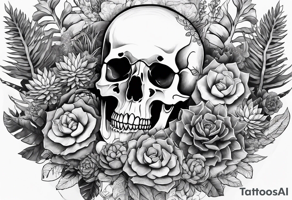 A full skeleton as a statue, surrounded by succulents tattoo idea