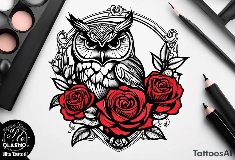 An owl, a rose,  lettering “but the greatest of these is love” tattoo idea
