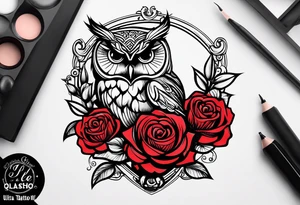 An owl, a rose,  lettering “but the greatest of these is love” tattoo idea
