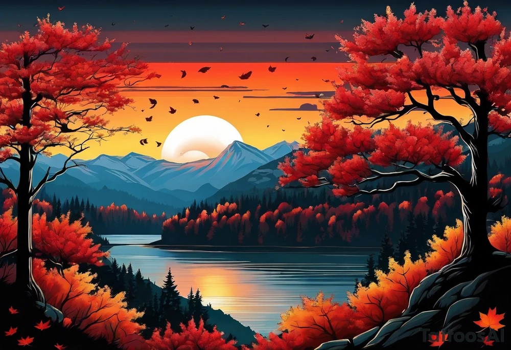 Arm tattoo. Long tattoo. Full sleeve. Shoulder. A single large maple tree with red autumn leaves that branches upwards from wrist to shoulder. White-throated dipper bird on the trees branches. Calluna flowers at the base of the trees stem. Tree stem has dark colors. Red/yellow sunset behind the trees stem. Leaves falling. tattoo idea