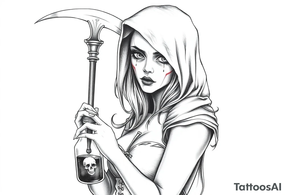 Sexy Female grim. Reaper and her
 death bringer poison bottle tattoo idea