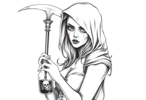 Sexy Female grim. Reaper and her
 death bringer poison bottle tattoo idea