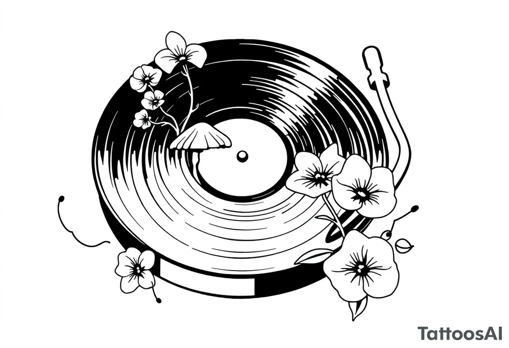 vinyl record player with mushrooms, orchids, and music notes around it tattoo idea