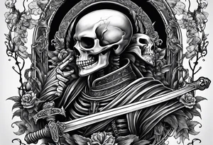 Two Skeletons both reaching for a sword tattoo idea