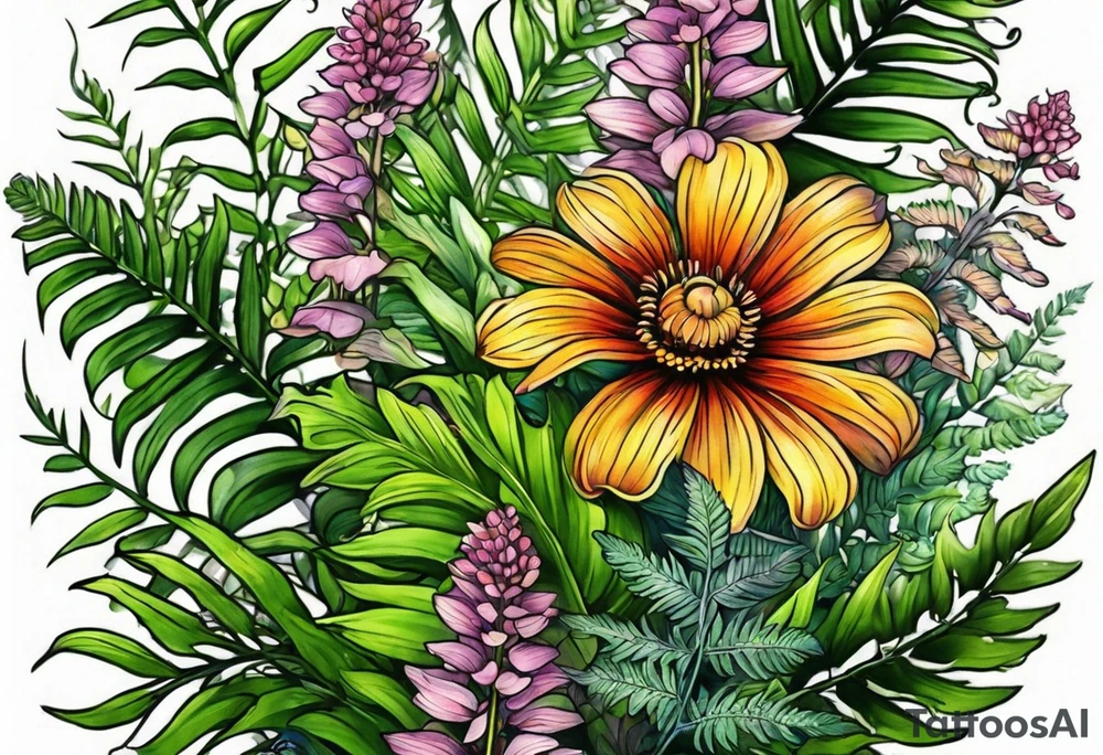 vertical mixed wildflower with ferns and with color tattoo idea