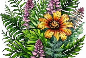 vertical mixed wildflower with ferns and with color tattoo idea