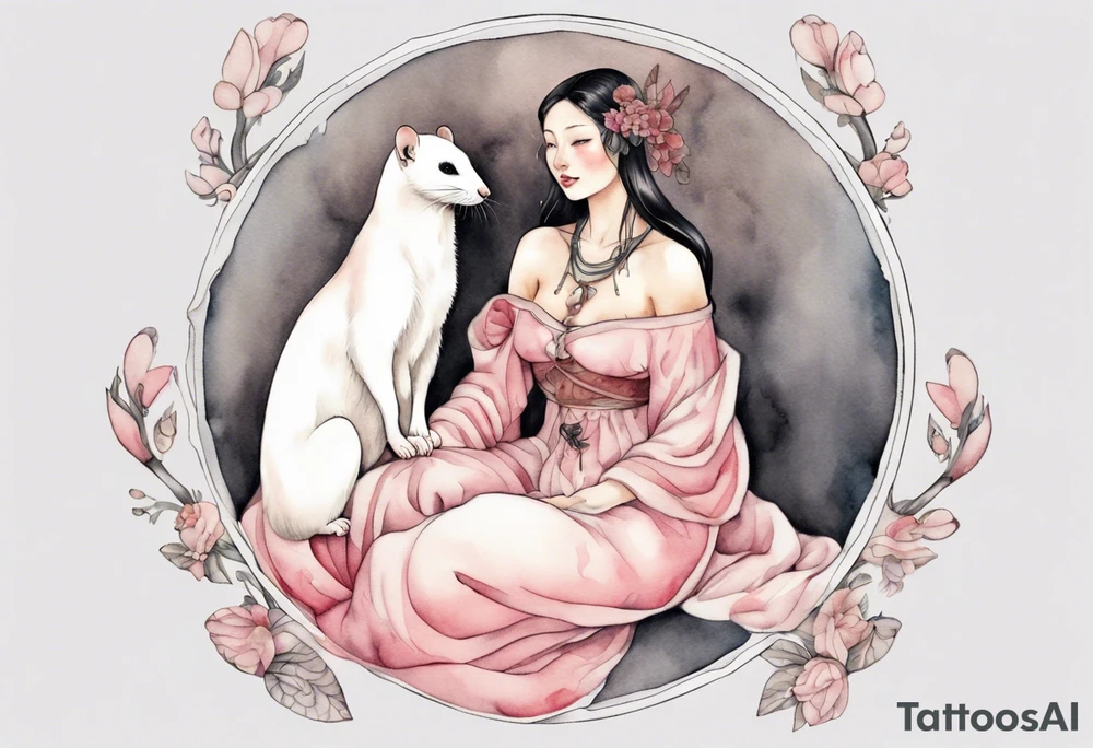 a pink ermine sitting on the lap of a beautiful medieval woman tattoo idea