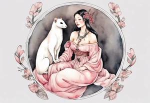 a pink ermine sitting on the lap of a beautiful medieval woman tattoo idea