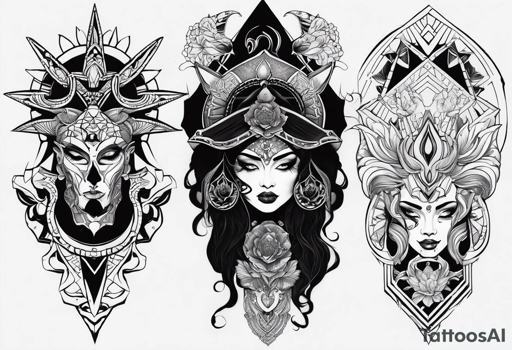 kali, alien goddess, valkrye, pirate, divine feminine, zenza resonance, pachamama, lotus azul, blank panther, eagle, skull, 5D, nueva gaya, dna 12 tattoo idea
