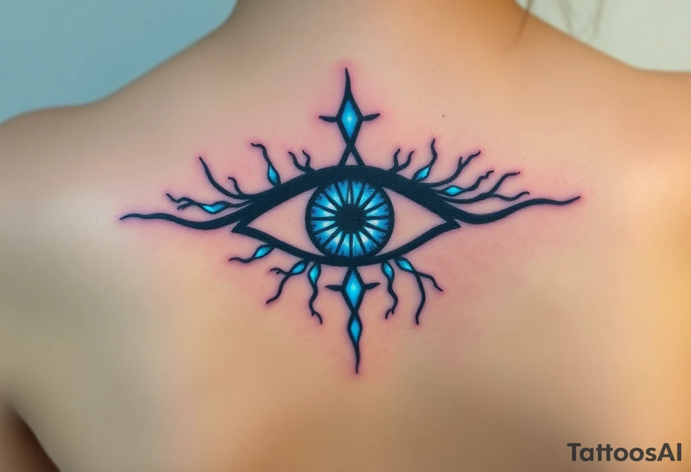 An Erudite eye symbol with glowing blue veins, representing sci fi movie Divergent tattoo idea