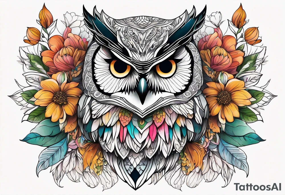 Flowers, colorful, horizontal, botanical, mandala background with owl in the middle tattoo idea