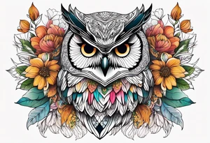 Flowers, colorful, horizontal, botanical, mandala background with owl in the middle tattoo idea