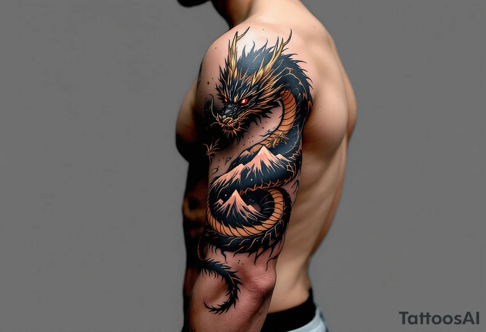 A black ink dragon with red eyes and golden claws, coiled around a mountain peak, representing power and wisdom. tattoo idea