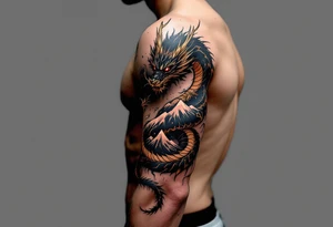 A black ink dragon with red eyes and golden claws, coiled around a mountain peak, representing power and wisdom. tattoo idea