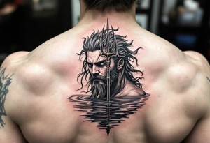 fit young poseidon with trident half way in calm water tattoo idea