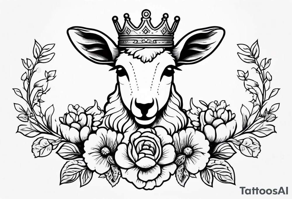 old school vintage traditional style design of lamb with crown on head and vintage flowers surrounding it tattoo idea