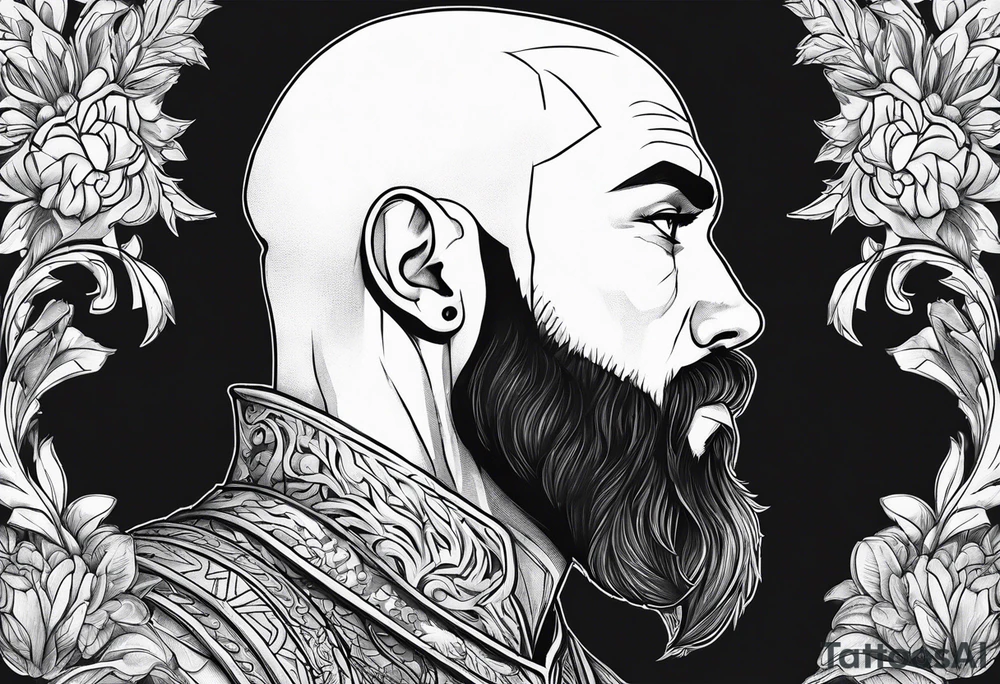 human-elf, bearded bald male, paladin, full body tattoo idea