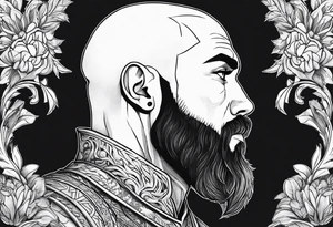 human-elf, bearded bald male, paladin, full body tattoo idea
