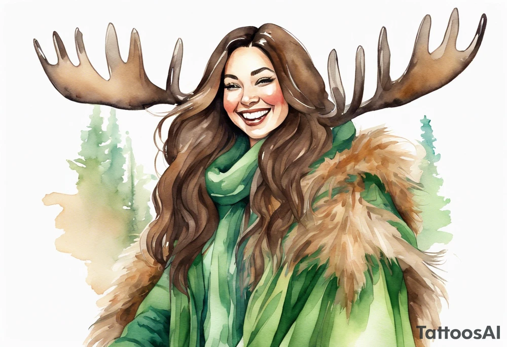 a watercolor of a curvy woman with long brown hair and brown skin and green eyes wearing a fur cloak laughing riding a moose tattoo idea