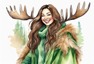 a watercolor of a curvy woman with long brown hair and brown skin and green eyes wearing a fur cloak laughing riding a moose tattoo idea