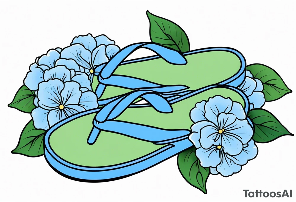 small tattoo of a single pastel blue flip flop surrounded by blue and periwinkle hydrangea flowers with green leaves tattoo idea