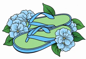 small tattoo of a single pastel blue flip flop surrounded by blue and periwinkle hydrangea flowers with green leaves tattoo idea