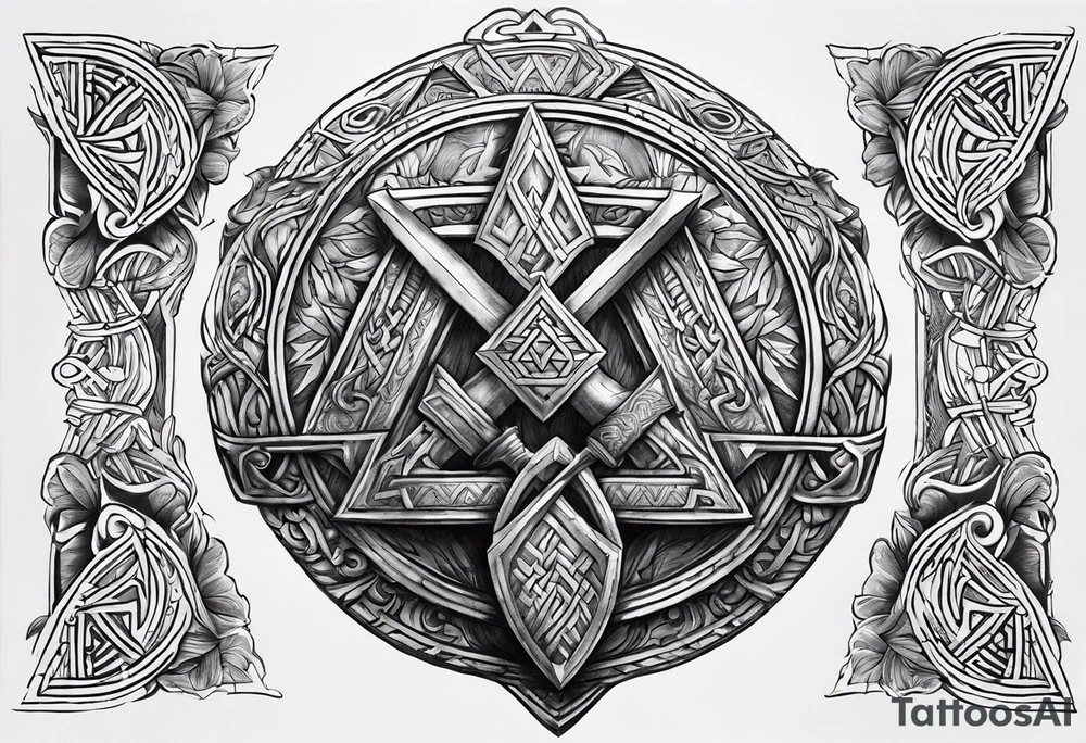 Valhalla sword shield axe Valknut tattoo idea