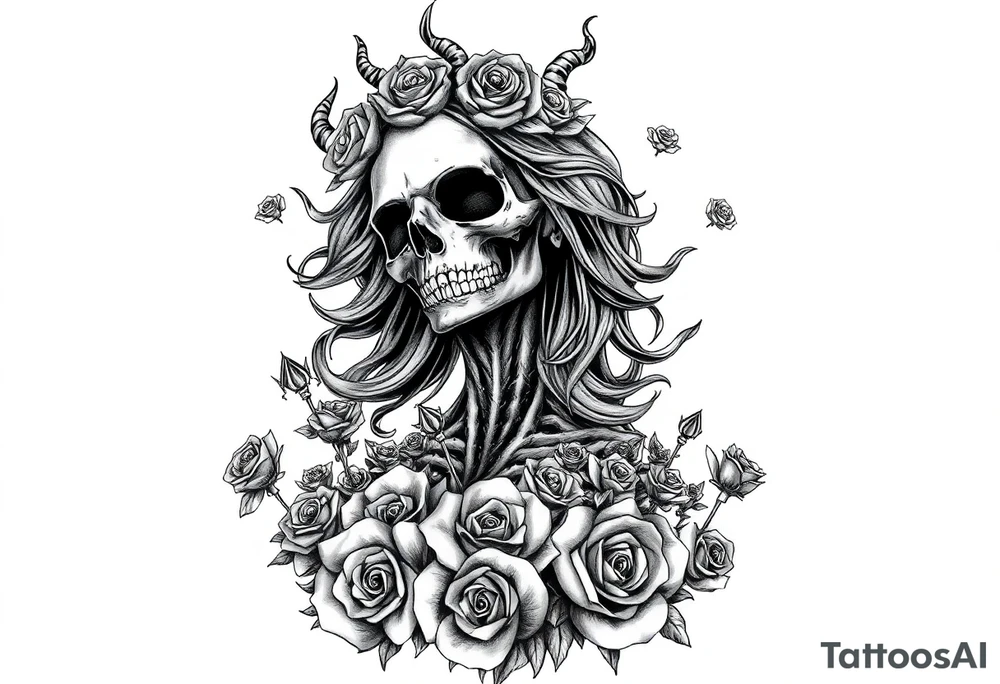 Powerful and evil day of the dead woman 
rising from the ashes of hell, surrounded by unclaimed souls and roses tattoo idea
