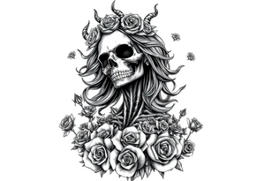 Powerful and evil day of the dead woman 
rising from the ashes of hell, surrounded by unclaimed souls and roses tattoo idea