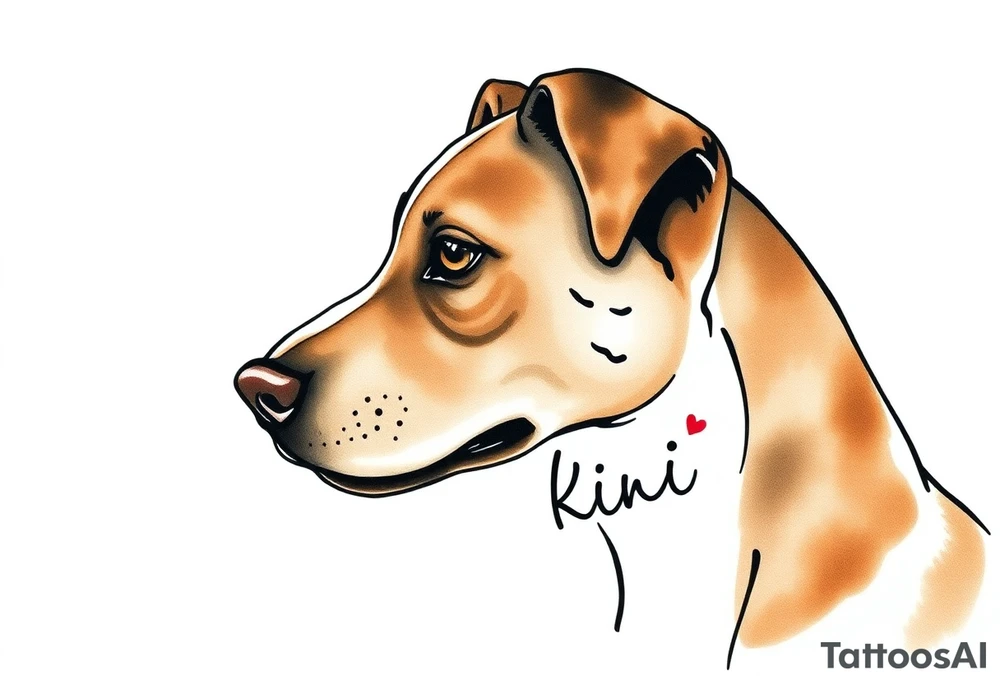 One line tattoo of female dog with white strip going up dog’s snout slightly off centered. Brown brindled and the dogs tongue slightly out with  the name kiwi and Just the colors black  white brown with a small heart near by tattoo idea